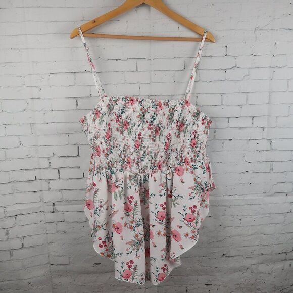 JORESS CURVE WHITE WITH PINK FLORAL PRINT SMOCK TOP WITH ADJUSTABLE STRAPS 4XL - Picture 1 of 7